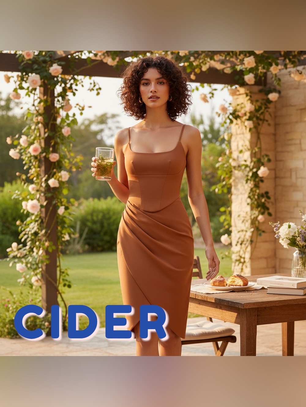 Cider Spaghetti Strap Ruched Midi Dress in Warm Caramel